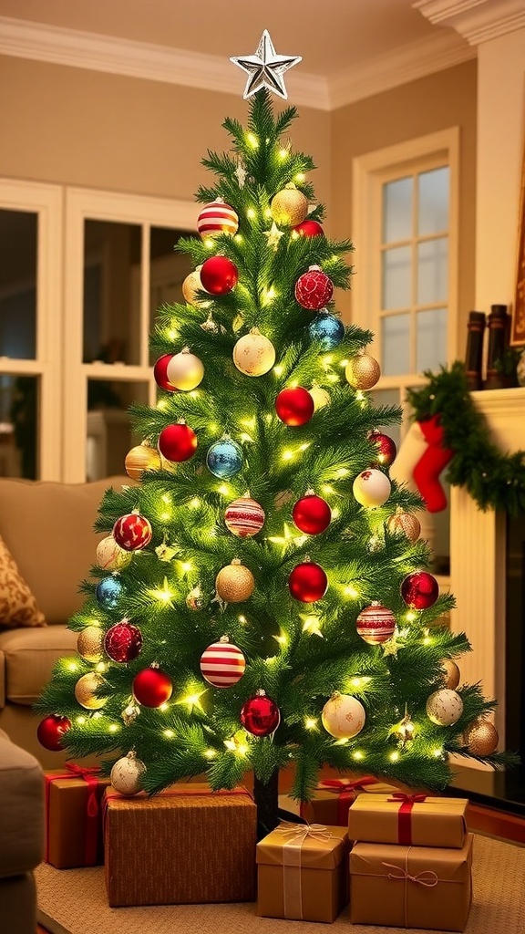 A small Christmas tree decorated with ornaments and lights in a cozy living room.